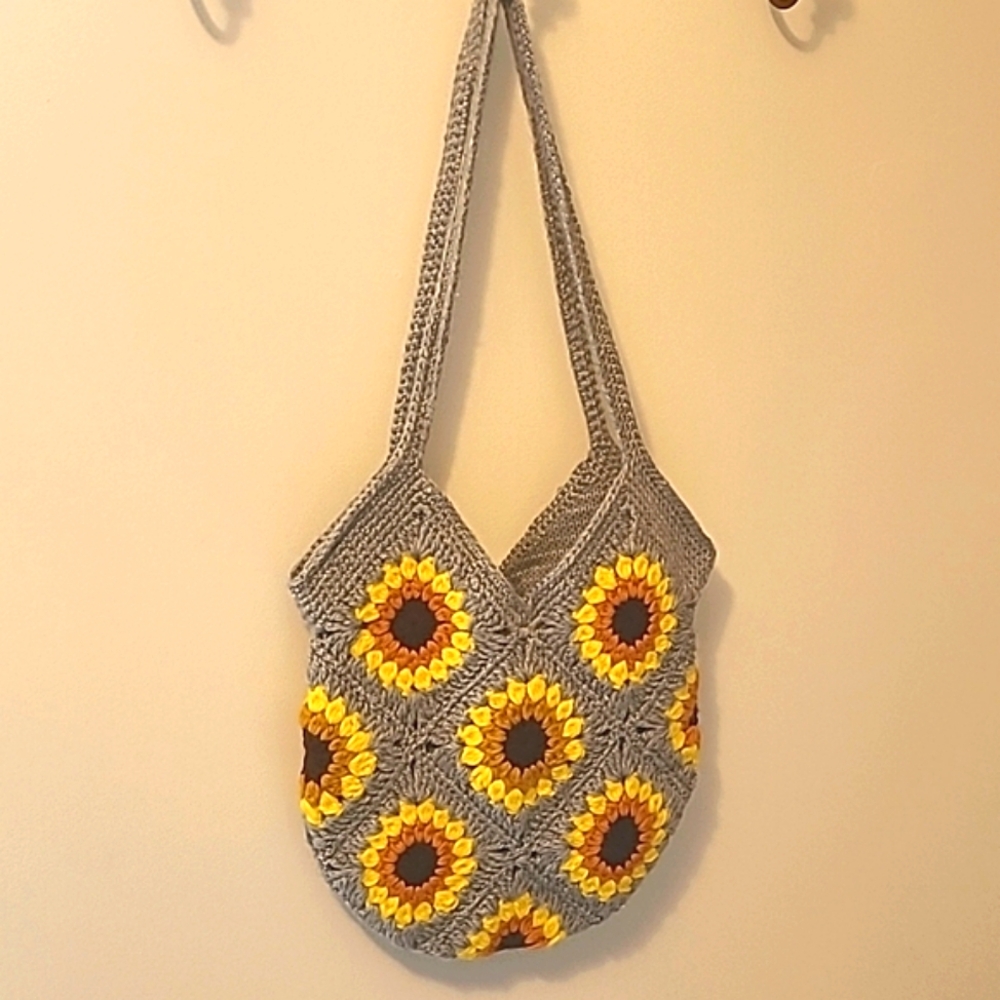Yarn Handmade Shoulder Bag Grey & Yellow Sunflowers Lined With Straps, Boho